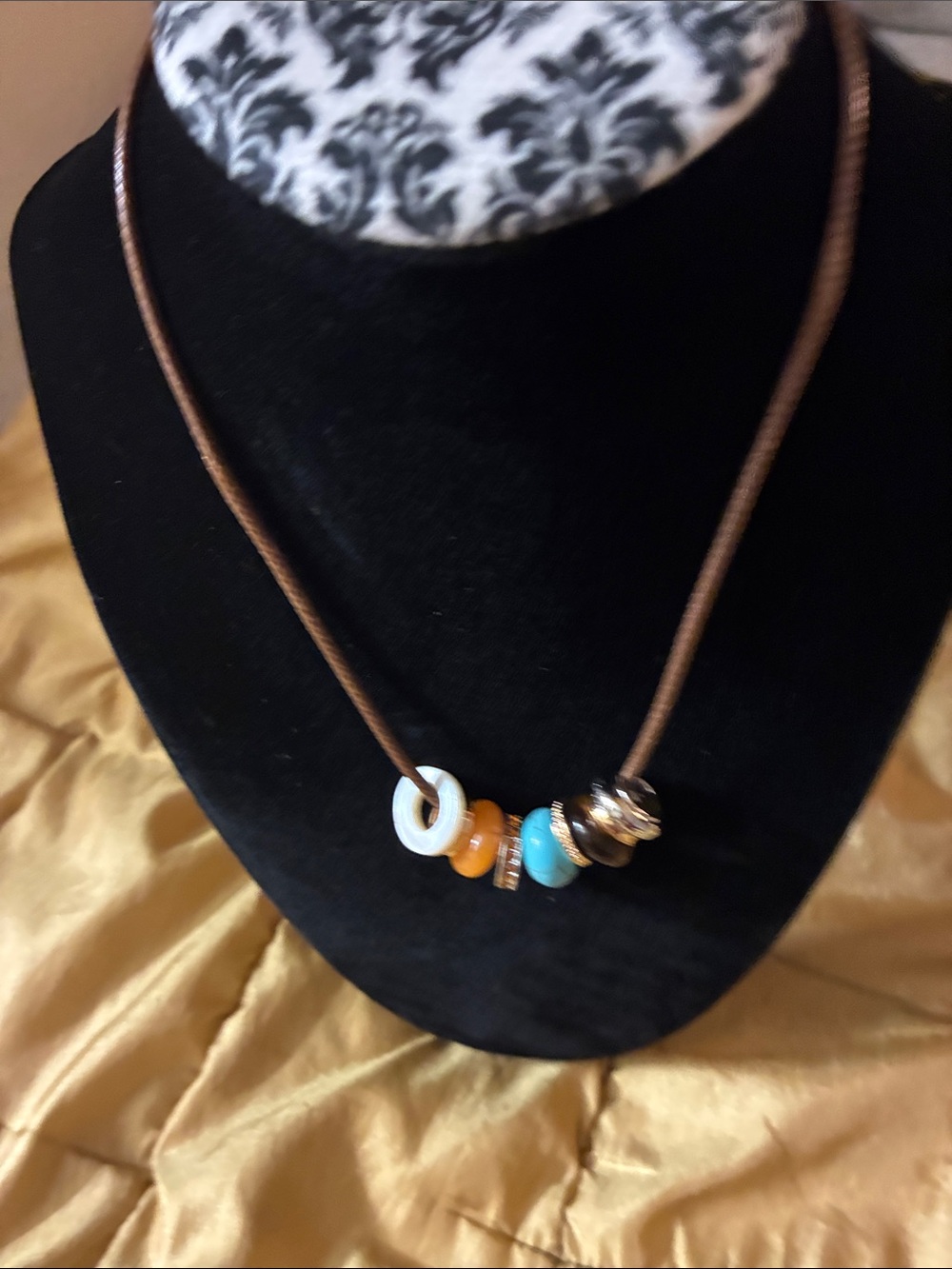 Beaded Pendant Leather Cord Necklace in Turquoise and Amber